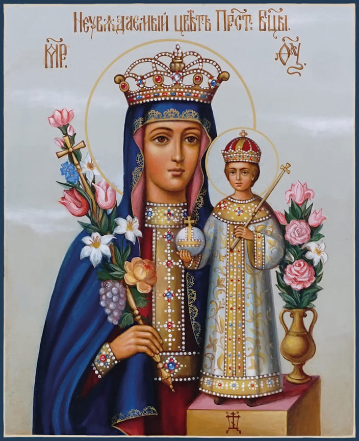 Рукописная икона Богоматерь Неувядаемый Цвет